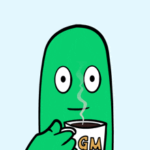 a green cartoon character is holding a cup of coffee that says gm on it