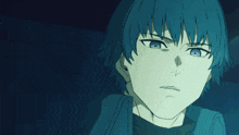 a close up of a blue haired anime character