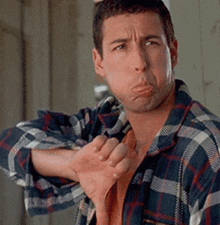 a man in a plaid shirt is making a face