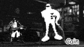 a black and white image of a video game character with the name cain