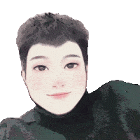 a close up of a person 's face with a turtleneck on