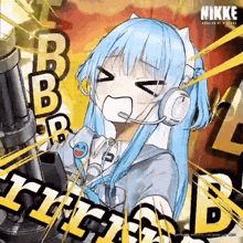 a girl with blue hair is wearing headphones and holding a cannon with the word nikke on the bottom
