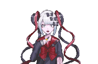 a pixel art drawing of a girl with pigtails and a bow tie