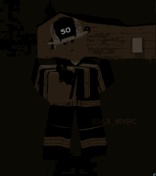 a fireman holding a gun with the number 50 on his hat