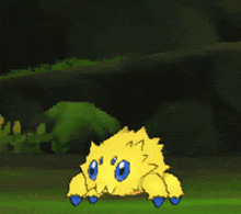 a yellow cartoon character with blue paws is flying in the air