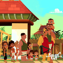 a kalari kids cartoon shows a man carrying a baby on his shoulders