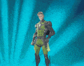 a man in a green suit with a backpack on his back is standing in front of a blue wall