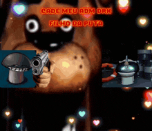 a cartoon of a dog pointing a gun with the words " cade meu adm drk filho da puta " above it