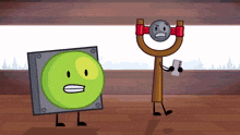two cartoon characters are standing next to each other one is holding a cell phone and the other is holding an angry bird slingshot