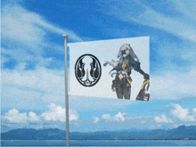 a white flag with a picture of a robot on it against a blue sky