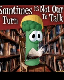 a picture of a broccoli reading a book in a library