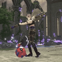a cartoon character is holding a sword and a red monster .