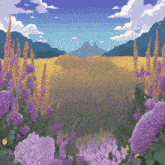 a painting of purple flowers and mountains in the background