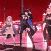 three anime girls are dancing on a stage