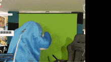 a person in a dolphin costume is standing in front of a green board