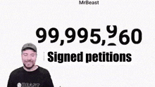 a man is standing in front of a sign that says `` mrbeast signed petitions ''