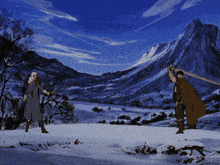 a man holding a sword in a snowy field