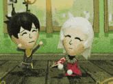 two cartoon characters are standing next to each other on a wood floor