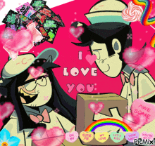 a cartoon of a man and woman with candy hearts and the words i love you