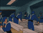 a group of gi joe soldiers are standing around a table with plates of food .