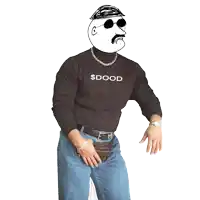 a man wearing a black shirt with the word dood on it