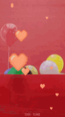 a red background with balloons and hearts and the words tender teumae on the bottom