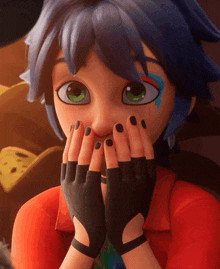 a cartoon character with black nails is covering her mouth with her hands