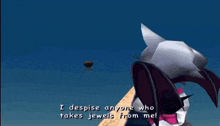 a video game scene with a shark saying i despise anyone who takes jewels from me