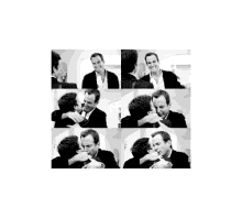 a black and white photo of two men hugging and kissing each other