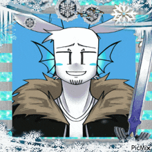 a picture of a cartoon character with a sword and snowflakes in the background