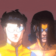 a cartoon of a man wearing glasses standing next to another man with long hair