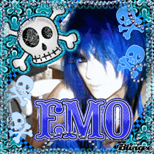 a picture of a girl with blue hair and the word emo in the middle