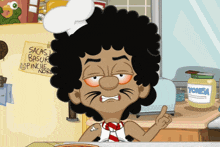 a cartoon of a man wearing a chef 's hat with a jar of yonesa on the counter