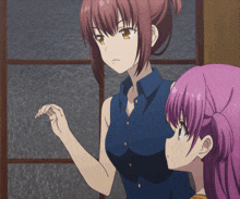 a girl with purple hair is standing next to another girl with brown hair