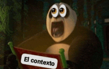 a panda bear with big eyes is holding a book with a sticker that says el contexto .