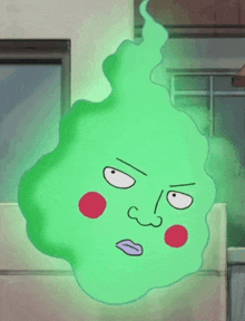 a green cartoon character with a purple mouth and red dots on its cheeks