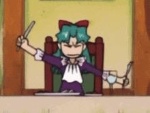 a cartoon character is sitting in a chair holding a knife and a glass of wine