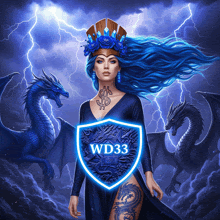 a woman with blue hair and a shield with wd33 written on it