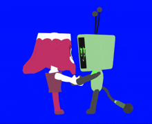 two cartoon characters hugging each other on a blue screen