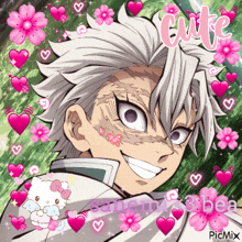 a picture of a boy with a hello kitty surrounded by hearts and flowers