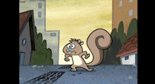 a cartoon squirrel is walking down a sidewalk in front of a building .