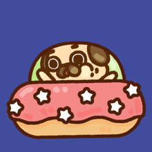 a cartoon drawing of a pug dog sleeping in a donut