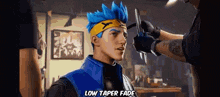 a man with blue hair and a yellow headband is getting his hair cut .