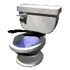 a toilet with a horseshoe on it and a blue bowl .