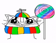 a cartoon cat wearing a colorful hat and holding a lollipop .