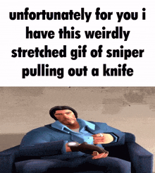 a man laying on a couch with a gif of sniper pulling out a knife
