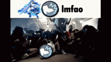 a group of people are dancing in front of a sign that says " imfao "