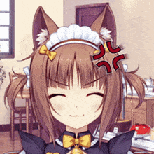 a girl with cat ears and a bow on her head has an angry look on her face