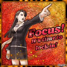 a cartoon of a woman pointing at the words focus it 's time to lock in