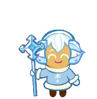 a cookie with white hair is holding a blue wand and smiling